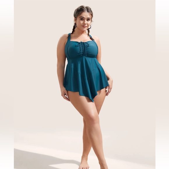 BloomChic Plus Size XL Plain Gathered Adjustable Straps Drawstring Swim Dress - Picture 4 of 8